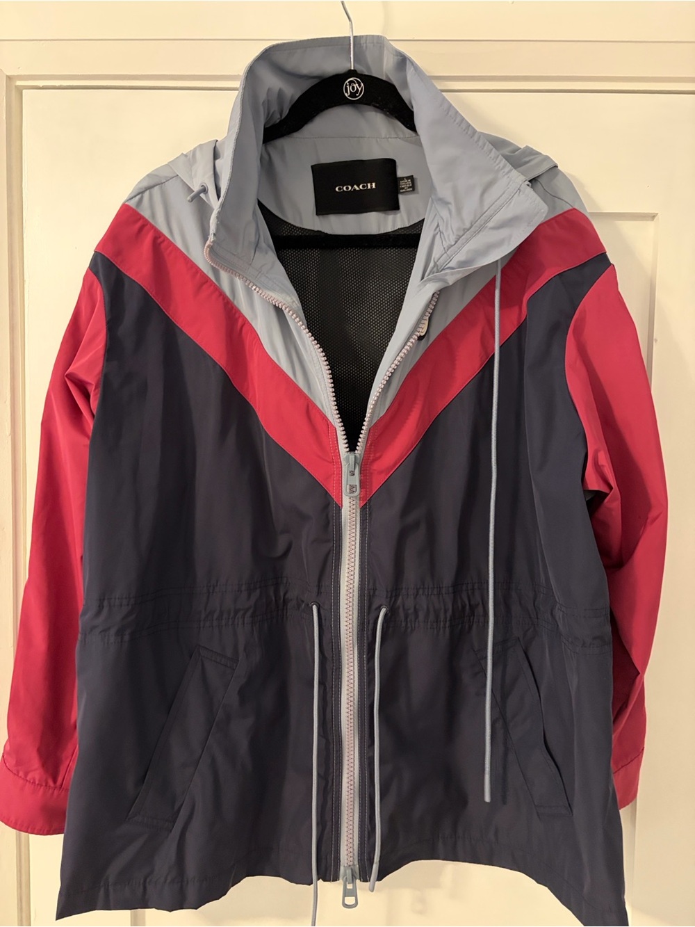 COACH Colorblock Hooded Utility Jacket - Navy, Pink & Light Gray